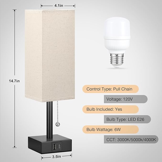 Small Linen Bedroom Lamp - 3 Color Temperature 3000K 5000K 4000K Bedside Lamp, Pull Chain Control, USB A and C Charging Ports, Black Base, for Kids Office Dorm, Bulb Included - LeafyLoom