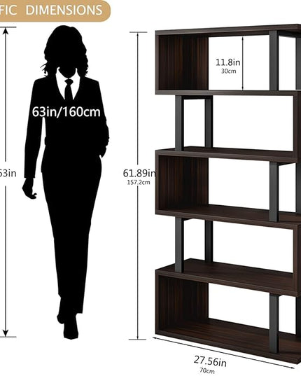 Bookshelf geometric bookcase S Shaped industrial bookshelf Storage Display Stand Shelf for Living Room Bedroom and office Room (Black, 5 Tier) - LeafyLoom