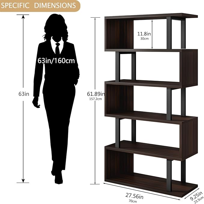 Bookshelf geometric bookcase S Shaped industrial bookshelf Storage Display Stand Shelf for Living Room Bedroom and office Room (Black, 5 Tier) - LeafyLoom