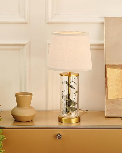 Globe Electric 61000063 20" Fillable Ribbed Glass Table Lamp, Matte Brass Accents, Beige Linen Shade, On/Off Rotary Switch on Socket, for Living Room, Bedroom, Office, Home Décor - LeafyLoom