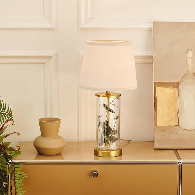 Globe Electric 61000063 20" Fillable Ribbed Glass Table Lamp, Matte Brass Accents, Beige Linen Shade, On/Off Rotary Switch on Socket, for Living Room, Bedroom, Office, Home Décor - LeafyLoom