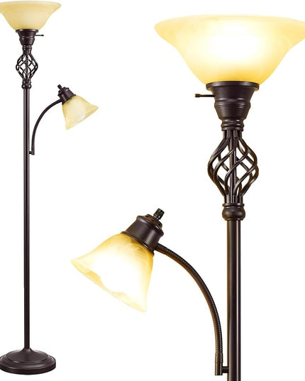 Floor Lamp, Standing Lamp with Adjustable Side Reading Light, Floor Lamps for Living Room with Glass Shade 72-Inch Torchiere Tall Lamps Decor for Bedroom Living Room Den Office (Bulb Included) - LeafyLoom