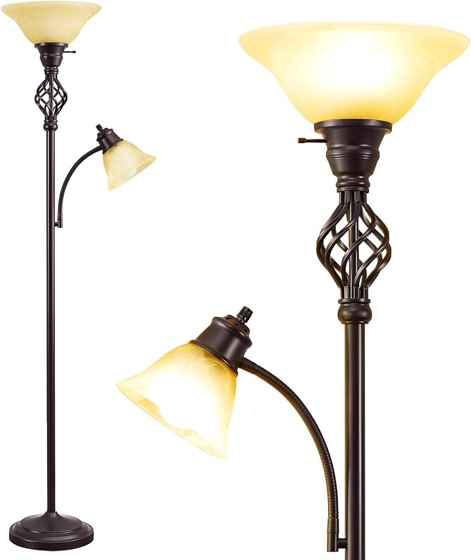 Floor Lamp, Standing Lamp with Adjustable Side Reading Light, Floor Lamps for Living Room with Glass Shade 72-Inch Torchiere Tall Lamps Decor for Bedroom Living Room Den Office (Bulb Included) - LeafyLoom