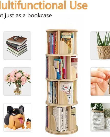 4 Tier Rotating Bookshelf, 360 Display Spinning Bookshelf, Rotating Bookcase for Kids&Adults, Wood Bookshelf for Bedroom, Living Room, Study Room - LeafyLoom