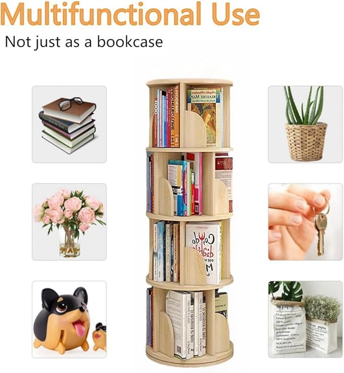 4 Tier Rotating Bookshelf, 360 Display Spinning Bookshelf, Rotating Bookcase for Kids&Adults, Revolving Bookcase, Rotating Bookshelf Tower - LeafyLoom