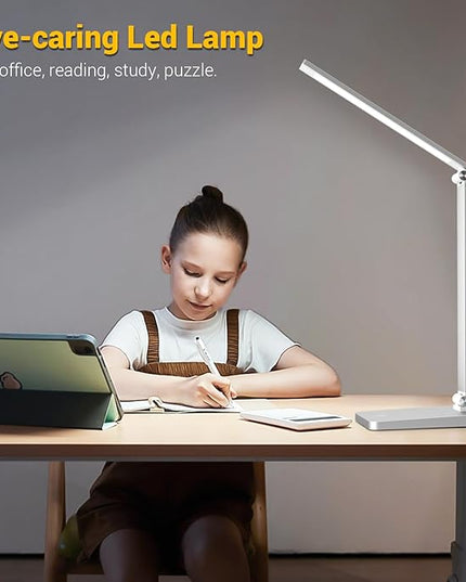LED Desk Lamp for Home Office, 3 Levels Dimmable Desk Light with USB Charging Port, Small Study Lamp, Reading Light for Table, Sliver, 5000K - LeafyLoom