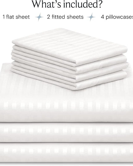 LuxClub 7 PC Split King Size Sheet Set Bed Sheets, Breathable Luxury Bed Sheets, Deep Pockets 18" Wrinkle Free Cooling Bed Sheets Machine Washable Hotel Bedding (Split King, Striped White) - LeafyLoom