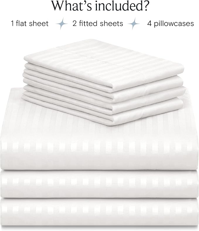 LuxClub 7 PC Split King Size Sheet Set Bed Sheets, Breathable Luxury Bed Sheets, Deep Pockets 18" Wrinkle Free Cooling Bed Sheets Machine Washable Hotel Bedding (Split King, Striped White) - LeafyLoom