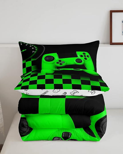 Gaming Bedding Set Queen Size Game Comforter Set for Boys Girls Kids Teens Soft Microfiber Green Modern Buttons Video Game Duvet Insert Gamer Room Decorative 3 Piece Bedding Set with 2 Pillow Shams - LeafyLoom