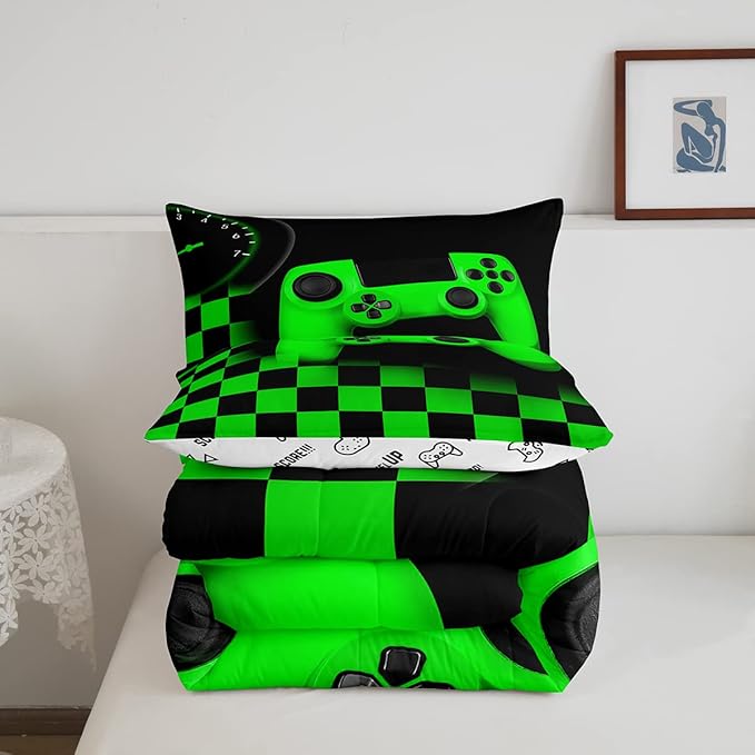 Gaming Bedding Set Queen Size Game Comforter Set for Boys Girls Kids Teens Soft Microfiber Green Modern Buttons Video Game Duvet Insert Gamer Room Decorative 3 Piece Bedding Set with 2 Pillow Shams - LeafyLoom