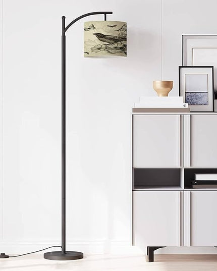 Modern Arc Floor Lamp with Dimmer Mid Century Vintage Birds Roses Butterflies Metal Standing Lamp with Linen Shade Footswitch for Living Room Bedroom Office - LeafyLoom