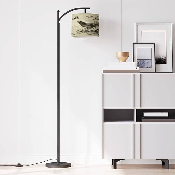 Modern Arc Floor Lamp with Dimmer Mid Century Vintage Birds Roses Butterflies Metal Standing Lamp with Linen Shade Footswitch for Living Room Bedroom Office - LeafyLoom