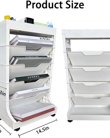 6 Tier Book Rack Storage Bookshelf, Removable Movable Bookshelf with Wheels, Mobile Unique Bookcase, Rolling Book Cart for Study in School Office, White - LeafyLoom