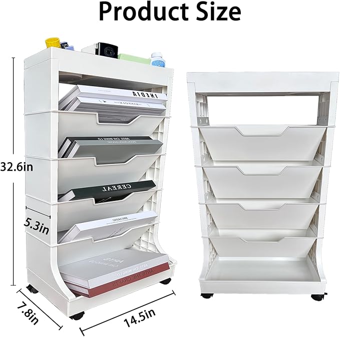 6 Tier Book Rack Storage Bookshelf, Removable Movable Bookshelf with Wheels, Mobile Unique Bookcase, Rolling Book Cart for Study in School Office, White - LeafyLoom