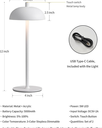 Cordless LED Table Lamp Set of 2, Modern Portable Desk Lamp, 3 Color Stepless Dimming Built-in Rechargeable Battery Lights, for Bedroom, Patio, Outdoor, Restaurant, Bedside Night Lamp(White) - LeafyLoom