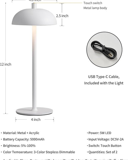 Cordless LED Table Lamp Set of 2, Modern Portable Desk Lamp, 3 Color Stepless Dimming Built-in Rechargeable Battery Lights, for Bedroom, Patio, Outdoor, Restaurant, Bedside Night Lamp(White) - LeafyLoom