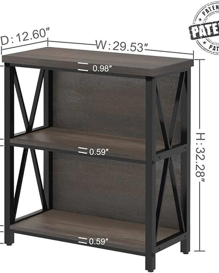 FATORRI Rustic Short 2 Shelf Bookshelf, Industrial Low Wood Bookcase, Farmhouse Small Book Case for Small Space (Walnut Brown) - LeafyLoom