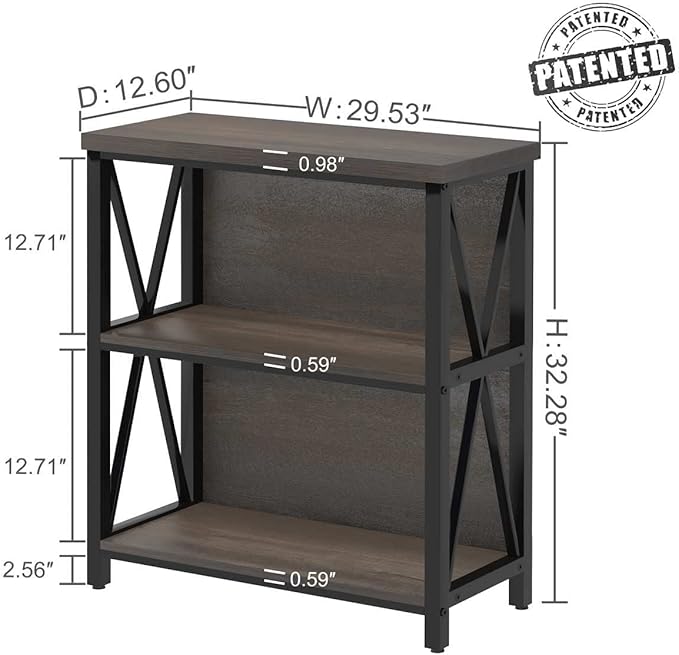 FATORRI Rustic Short 2 Shelf Bookshelf, Industrial Low Wood Bookcase, Farmhouse Small Book Case for Small Space (Walnut Brown) - LeafyLoom