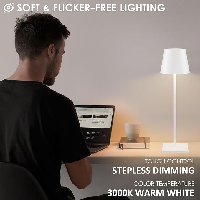 4-Pack Rechargeable Table Lamps, LED Cordless Table Lamp, 3W 6000mAh Battery Operated Table Light, Stepless Dimming Portable Table Light Waterproof for Restaurant/Indoor/Outdoor (White) - LeafyLoom