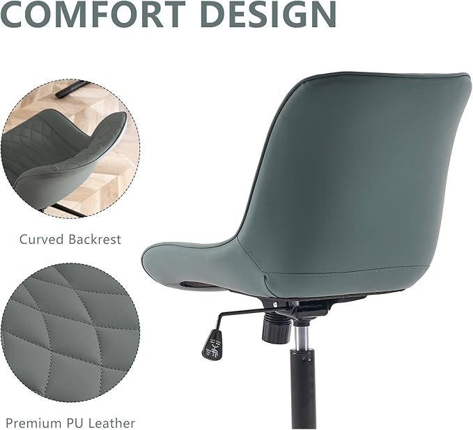 YOUNIKE Office Chair with Wheels Armless Desk Chair Swivel Rolling Task Chair with Back Upholstered Faux Leather Modern Computer Chair Height Adjustable, Greyish Green - LeafyLoom