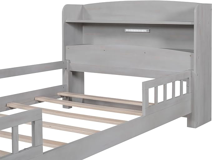 Twin Size Platform Bed with Built-in LED Light,Multi-functional Wood Beds Frame,w/ 2 Storage Shelves Headboard and Guardrail,for Apartment,Bedroom,Living Room,Antique Grey - LeafyLoom