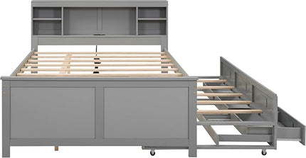 Full Size Platform Bed with Headboard Bookcase, USB Charge, Twin Trundle and 3 Drawers Storage, Wood Captain Bedframe for Bedroom Guest Room, Gray - LeafyLoom