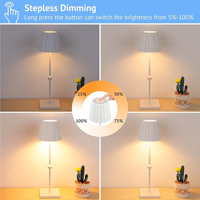 GGOYING Cordless Table Lamp,5200mAh Portable Rechargeable LED Lamp with 3 Color Stepless Dimming, Minimalist Battery Night Light for Dinner Camping(White) - LeafyLoom