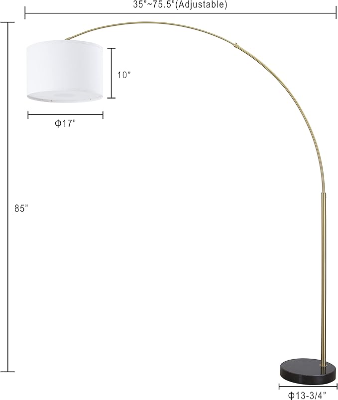 Modern 81" Arc X-LARGE Tall Living Room-Stand Up Arching Drum Shade Large Floor Lamp with Real Marble Base for Dinning/Bedrooms-Corner Lamp for Office Lighting White/Gold (99-6938GLD) - LeafyLoom