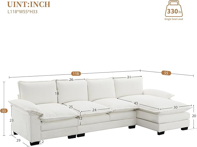 118" Sectional Sofa, L-Shaped Couch Set with Double Cushions and Chaise Lounge, 5-seat Upholstered Indoor Furniture for Living Room, Apartment, Office, 118inch, White - LeafyLoom