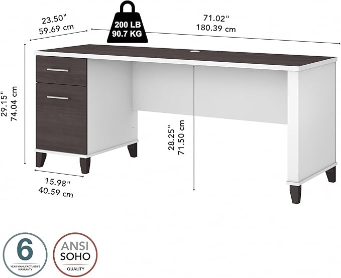 Bush Furniture Somerset Computer Drawers | Office Home Workspace | Large Desk, 72W, Storm Gray/White - LeafyLoom