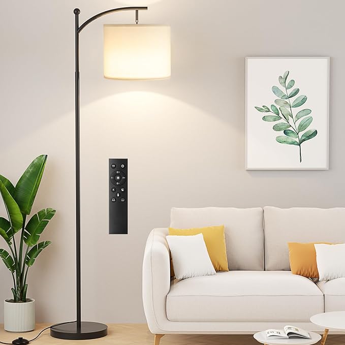 Ambimall Floor Lamp with Remote Control and Stepless Dimmable Bulb, Colors Temperature & Brightness Adjustable, Modern Floor Lamps for Living Room（White Shade & Black Pole） - LeafyLoom