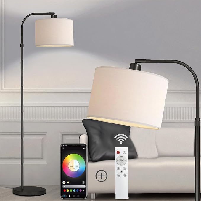 Black Floor Lamp with Remote Control, 1200 Lumens 15W LED Bulb Included, Adjustable Height Arc Floor Lamps for Living Room, Black Standing Lamp Dimmable Floor Lamp for Bedroom, Office - LeafyLoom