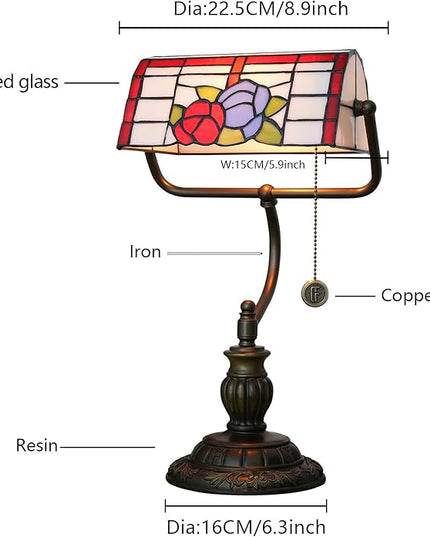 Bankers Lamp,Stained Glass Lamp,Dimmable Vintage Desk Lamp for Home Office Workplace Nightstand Bedroom Library Piano LED Bulb Included (roses) - LeafyLoom