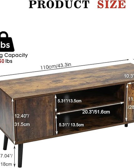 Yusong Industrial TV Stand for 55 Inch TVs,TV Bench TV Cabinet Media Cable Box Gaming Console Table with Open Shelves,Mid-Century Modern Entertainment Center for Living Room,Rustic Brown - LeafyLoom