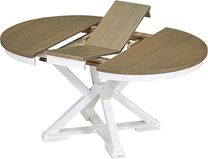 Merax 5-Piece Retro Functional Dining Set Extendable Round Table and 4 Upholstered Chairs, White - LeafyLoom