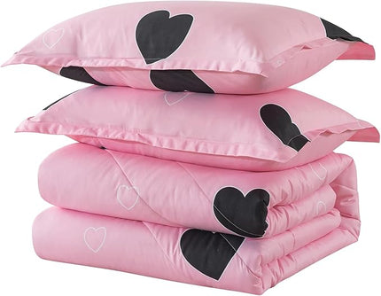 Girls Pink Comforter Set Twin Size, Blush Pink Cute Love Heart Print Sexy Comforter Bedding Set for All Seasons, Geometric Soft Microfiber Comforter Set with Pillowsham - LeafyLoom