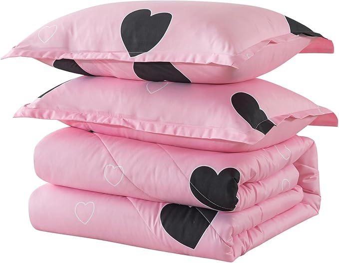 Girls Pink Comforter Set Twin Size, Blush Pink Cute Love Heart Print Sexy Comforter Bedding Set for All Seasons, Geometric Soft Microfiber Comforter Set with Pillowsham - LeafyLoom