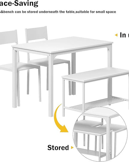 DlandHome 4 Person Dining Table Set, Dining Table with 2 Chairs and 1 Bench,Rectangular Space-Saving Dinner Table with Two Benches for Kitchen - LeafyLoom