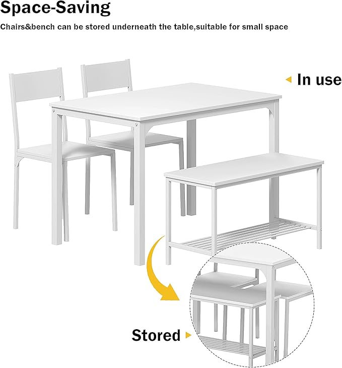 DlandHome 4 Person Dining Table Set, Dining Table with 2 Chairs and 1 Bench,Rectangular Space-Saving Dinner Table with Two Benches for Kitchen - LeafyLoom