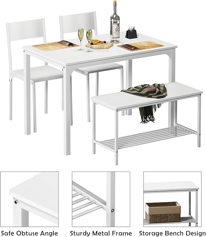 SogesPower Dining Room Table Set 43 Inch Kitchen Table Set with 2 Chairs and Bench, Dining Room Table Set for 4 Home, Kitchen, Dining Room, Restaurant, White - LeafyLoom