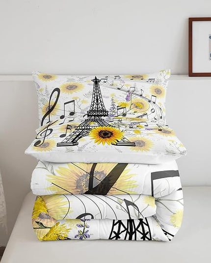 Feelyou Eiffel Tower Kids Comforter Set Cute Sunflower Bed Sheet Set for Boys Children Teens Bedroom Decor Paris Tower Bedding Set Set Floral Music Themed Bed Cover Twin Size with 1 Pillow Case - LeafyLoom