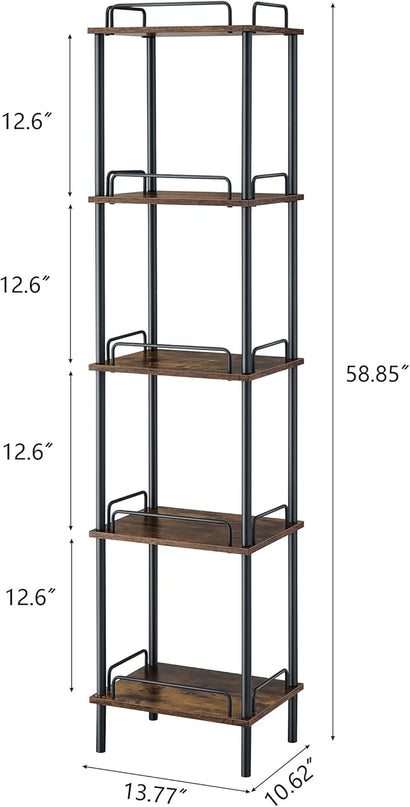 5-Tier Tall Bookshelf, Narrow Bookcase with guardrail, Freestanding Storage Stand Display Rack for Living Room, Bedroom, Home Office, Rustic Brown and Black - LeafyLoom