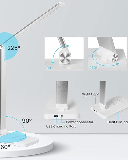 LED Desk Lamp with Night Light, Fast Wireless Charger, USB Charging Port, 10 Brightness, 5 Color Modes, Dimmable Bedside Table Lamp for Bedroom, Touch Control, Auto Timer, 1200Lux Super Bright - LeafyLoom