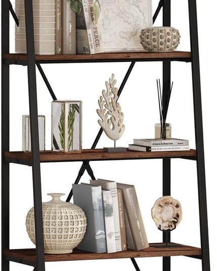 BON AUGURE Ladder Shelf Bookcase, 5-Tier Industrial Ladder Bookshelf, Tall Living Room Shelves, Wood and Metal Leaning Shelf for Home Office, Kitchen, Bedroom, Balcony (Rustic Oak) - LeafyLoom
