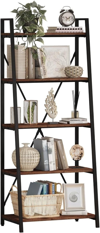 BON AUGURE Ladder Shelf Bookcase, 5-Tier Industrial Ladder Bookshelf, Tall Living Room Shelves, Wood and Metal Leaning Shelf for Home Office, Kitchen, Bedroom, Balcony (Rustic Oak) - LeafyLoom
