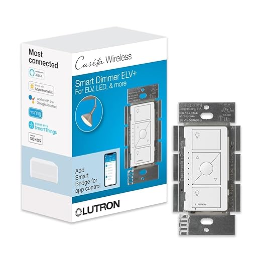Lutron Caseta Original Smart Dimmer Switch ELV+ (Lutron Hub Required), 250W LED, Single-Pole/3-Way, Neutral Required, PD-5NE-WH, White Lutron