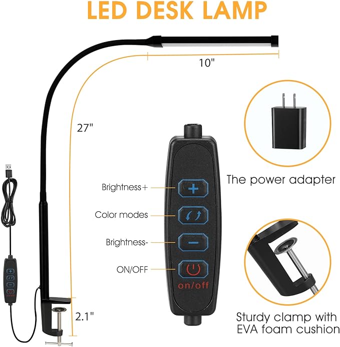 LED Desk lamp with Clamp, Eye-caring Clip on Lights for Home Office, 3 Modes 10 Brightness, Long Flexible Gooseneck,Metal, Swing Arm Architect Task Table Lamps with USB Adapter, Black - LeafyLoom