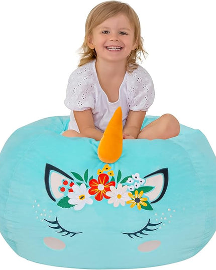 Aubliss Bean Bag Cover for Stuffed Animal Storage - Unicorn Bean Bag Velvet Cover (No Beans) - Large Stuff 'n Sit Organization for Kids Toy Storage (Large, Cyan) - LeafyLoom