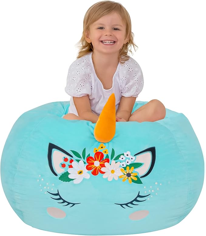 Aubliss Bean Bag Cover for Stuffed Animal Storage - Unicorn Bean Bag Velvet Cover (No Beans) - Large Stuff 'n Sit Organization for Kids Toy Storage (Large, Cyan) - LeafyLoom