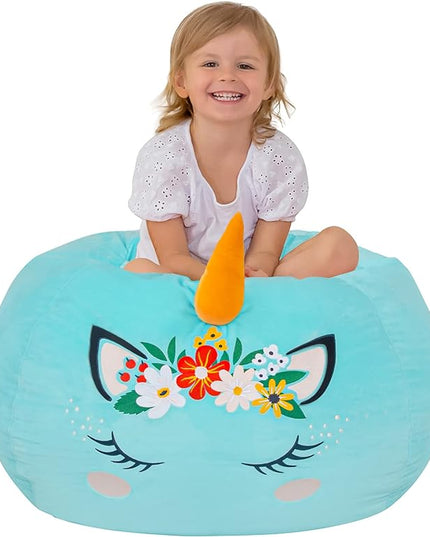 Aubliss Stuffed Animal Storage, Velvet Bean Bag Chairs Cover, X-Large 38" Ultra Soft Kids Toy Storage Organizer for Blankets Towels Clothes Toys, Cyan Floral - LeafyLoom
